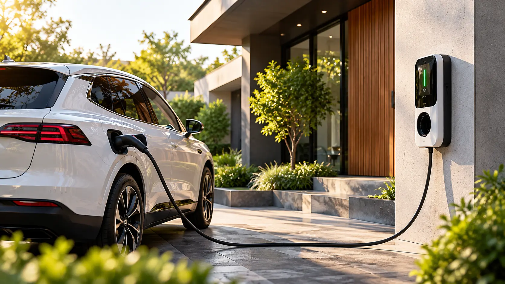 Electric vehicle connected to a home charging station
