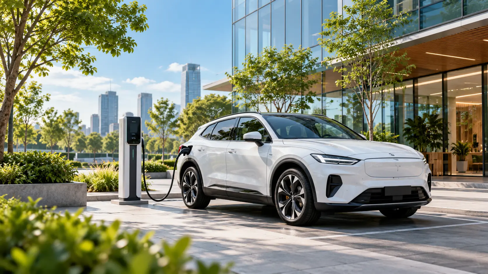 Modern home with an electric vehicle and a wall-mounted EV charger